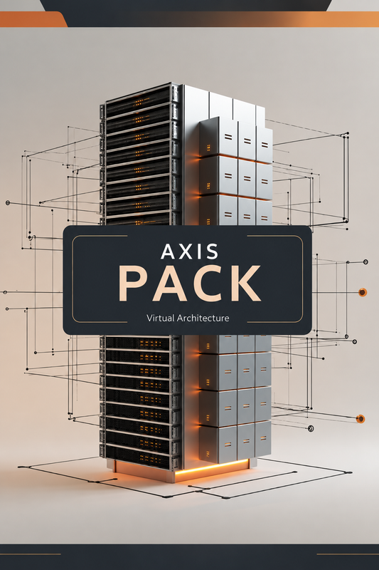 Digital cover graphic for 'Axis Pack Virtual Architecture' featuring a stylized 3D server rack illustration with glowing orange accents and a dark central label.