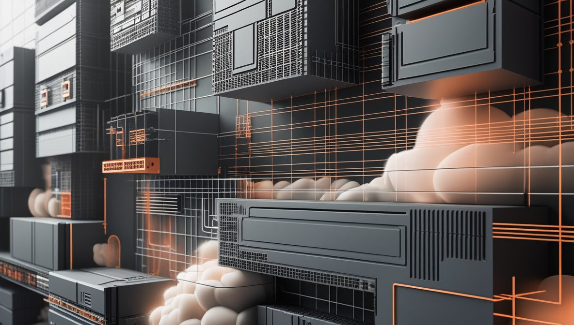 Abstract 3D render of a futuristic server rack or data center interior with dark gray and black modular units, glowing orange circuit lines, and soft white cloud-like forms.