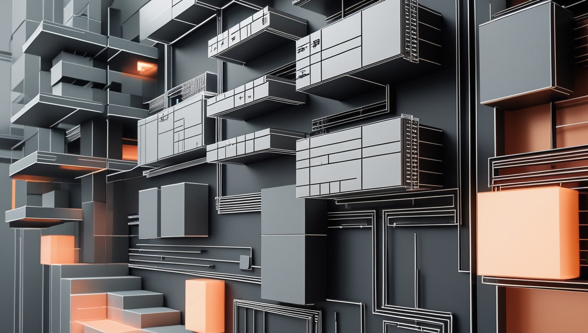 Abstract 3D architectural scene with layered gray geometric boxes, platforms, and lines, accented by glowing orange light panels.