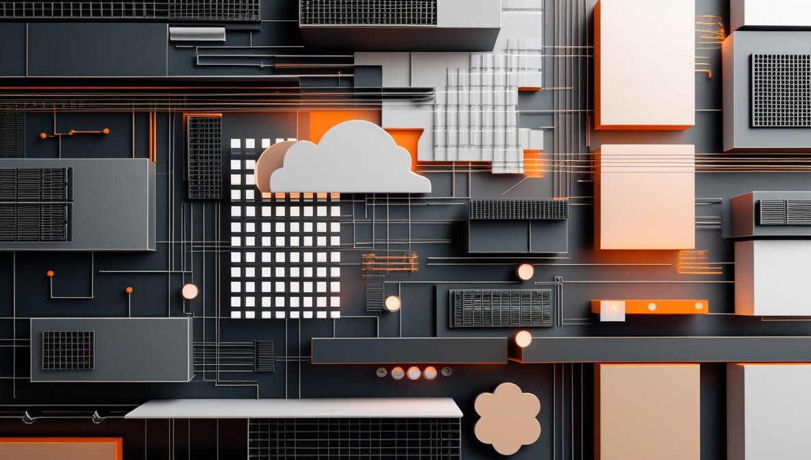 Abstract 3D architectural scene with layered geometric blocks, glowing orange light accents, and stylized cloud shapes on a dark gray and beige background.