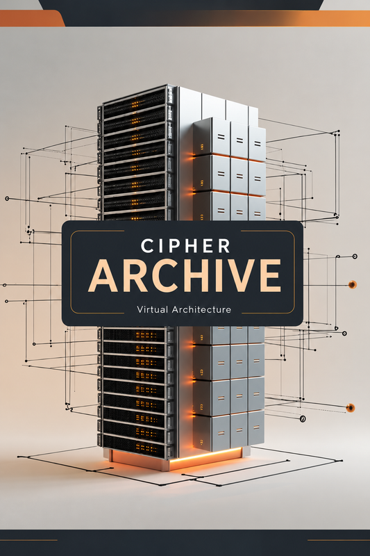 Digital cover art for 'Cipher Archive Virtual Architecture' featuring a stylized 3D server rack and storage cabinet structure with glowing orange accents and a central black label.