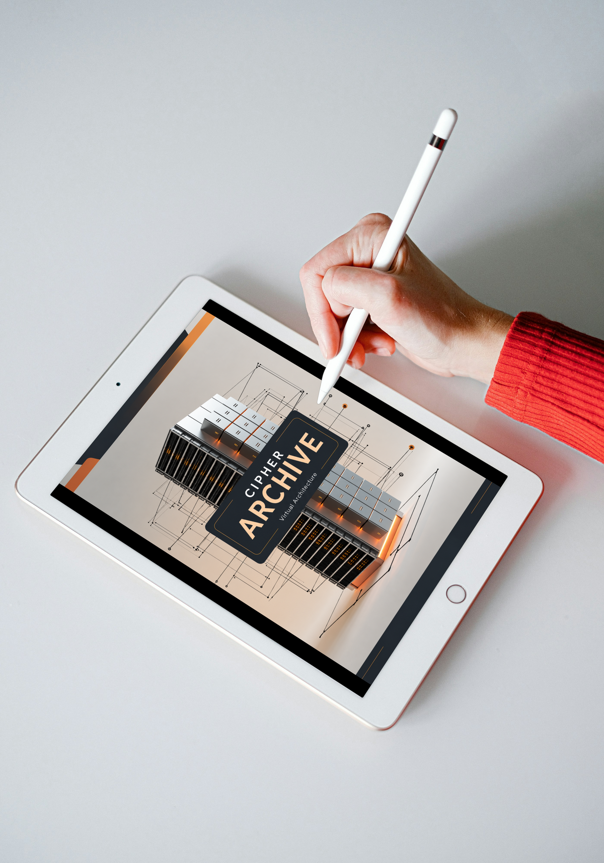 A hand in a red sweater holds a white stylus above a tablet displaying a 3D architectural model labeled 'DESIGN ARCHITE'.