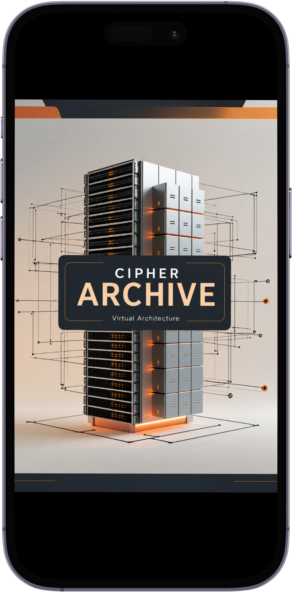 A smartphone displaying a digital graphic for 'Cipher Archive Virtual Architecture' featuring a 3D server rack illustration with glowing orange accents and a dark central label.