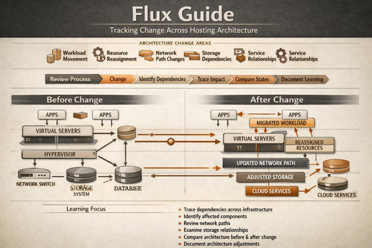 An infographic titled 'Flux Guide' explaining tracking change across hosting architecture, with before-and-after diagrams, icons, and text on a dark gray and beige background.