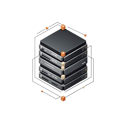 An isometric vector illustration of a stack of four black and gray server racks, surrounded by a thin hexagonal outline with small orange connector cubes, on a solid white background.