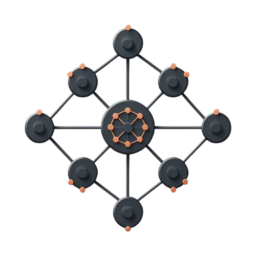 A 3D digital rendering of a geometric network or molecular structure, featuring a central dark gray circular hub connected to eight smaller matching nodes in a diamond arrangement, with small orange spheres on the connections, set against a solid white background.