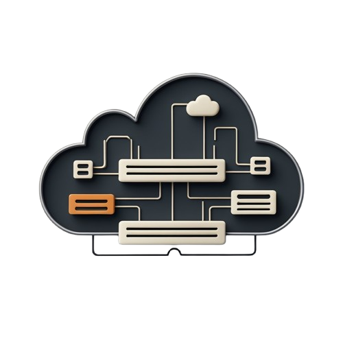 A stylized cloud-shaped graphic with connected rectangular nodes and lines, rendered in dark charcoal and cream tones with one small orange accent block, isolated on a white background.