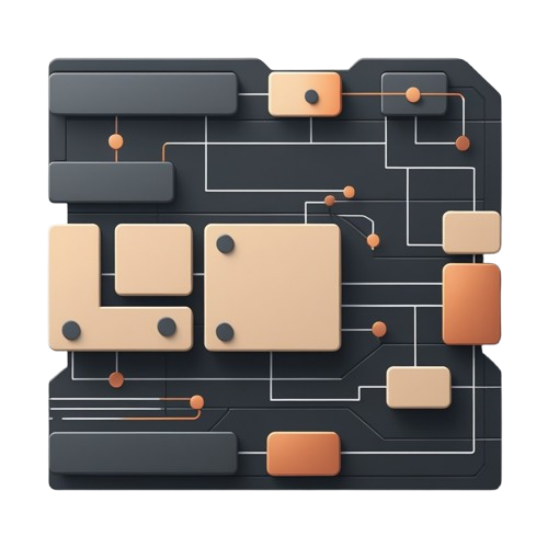 A stylized 3D abstract circuit board or microchip design with dark gray rectangular blocks, beige and peach rounded squares, and thin white connection lines on a white background.