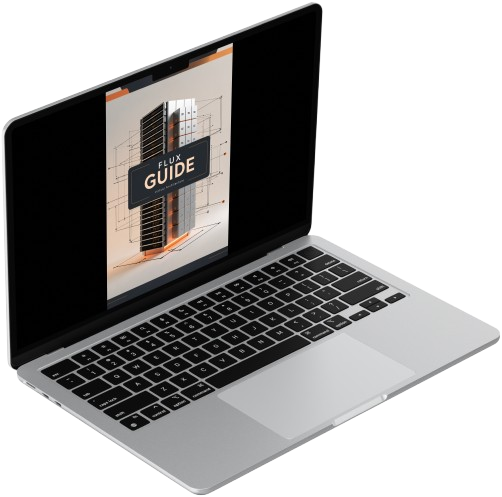 A silver laptop with a black keyboard and trackpad, shown open at an angle on a white background. The screen displays a guide titled 'ELUX GUIDE'.