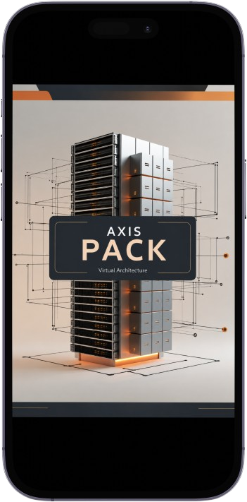 A smartphone mockup displaying a digital cover or preview for an 'AXIS PACK Virtual Architecture' asset, featuring a 3D architectural model of server racks.